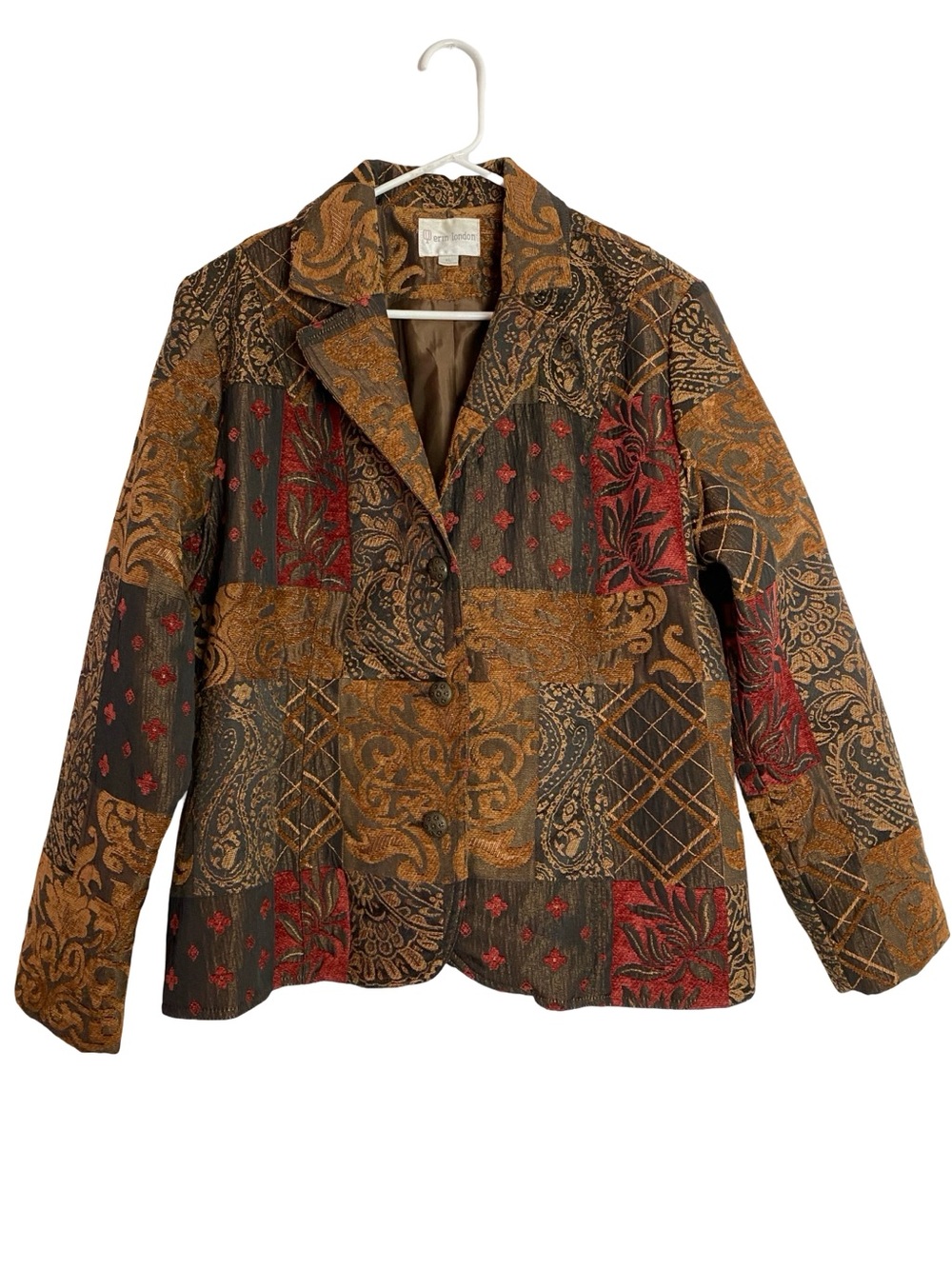 Vintage Patchwork Tapestry Blazer Jacket Womens Size XL Brown Red Gold Paisley
